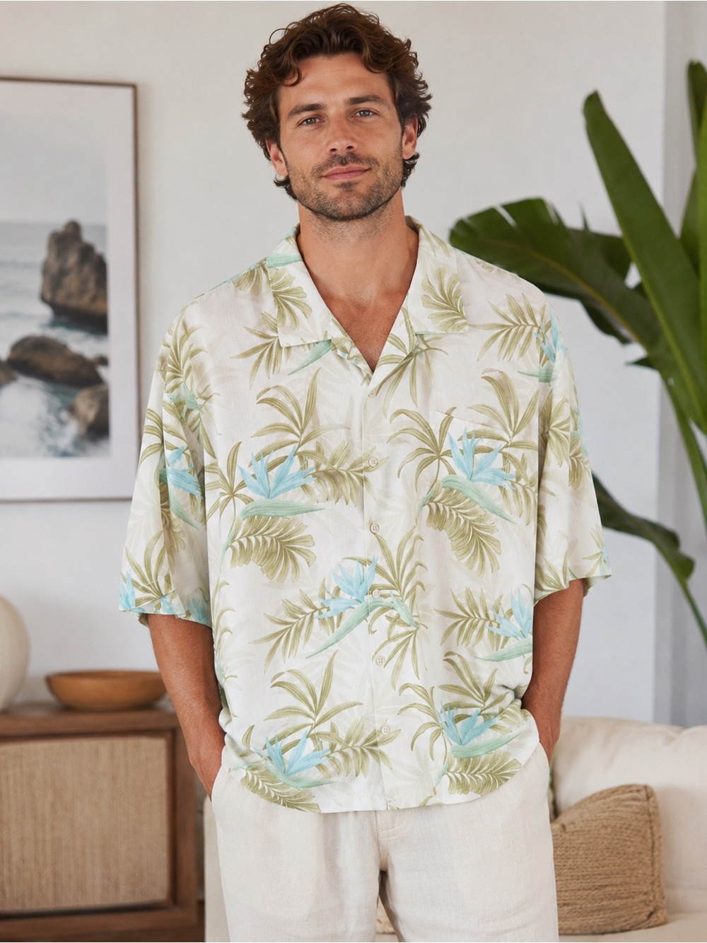 Tommy Bahama Silk Short-Sleeve Shirt in Cream & Sage Green